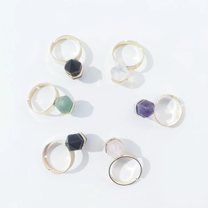 Set of six golden adjustable rings with hexagonal natural stones in assorted colors