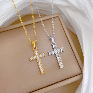 Cross Pendant Necklace Titanium Steel With Sparkling Zircon Inlaid Religious Jewelry For Women Minimalist Style