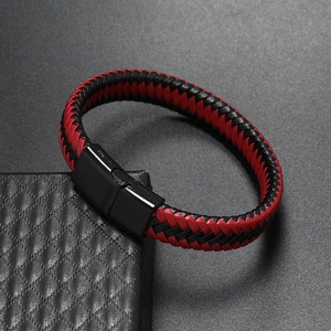 Detail view of woven black and red leather bracelet with a black magnetic metal clasp