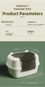 Detailed size chart showing dimensions 57x40.5x37cm for the large semi-closed cat litter box