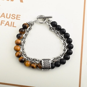 Men's double-layer tiger eye stone bracelet with silver metal chain and T-bar clasp