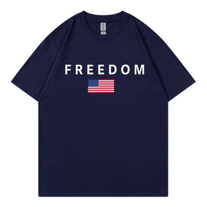 Navy blue cotton T-shirt featuring a white FREEDOM print and American flag design