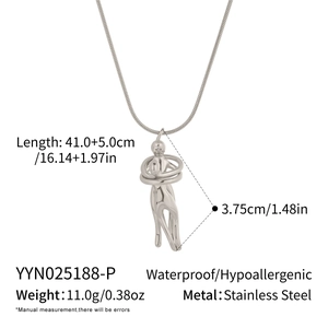 Detailed view of silver hug necklace with technical specs and stainless steel dimensions