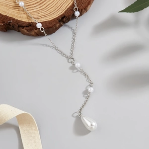 Elegant silver pearl fringe necklace featuring a waterdrop pearl pendant on Y-shaped chain