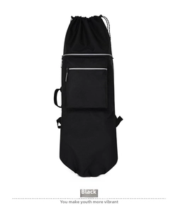 Waterproof black skateboard bag featuring a drawstring closure and external zipper pocket