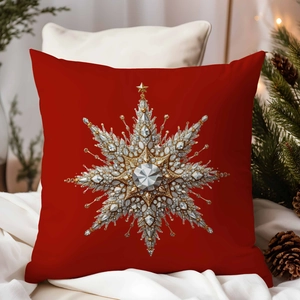 Detail of red Christmas pillowcase with luxury diamond snowflake and gold beads