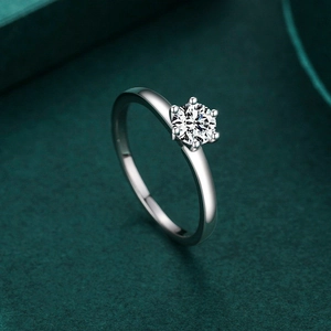 Classic six-prong zircon solitaire ring in silver finish with sparkling round gemstone