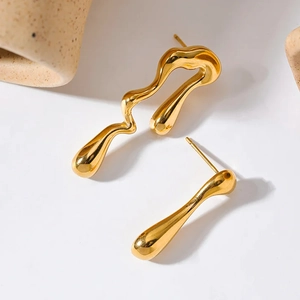 Gold Plated Stainless Steel Asymmetric Earrings Irregular Liquid Metal Wave Droplet Niche Design French Elegant Women