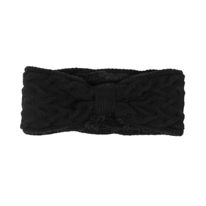 Close-up of black cable knit headband with bow design and warm fleece lining texture