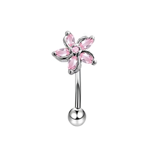 Polished stainless steel eyebrow ring with a pink zircon flower and curved barbell bar