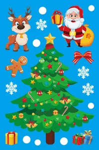 Detail of Christmas window stickers featuring Santa, reindeer, and tree on blue background