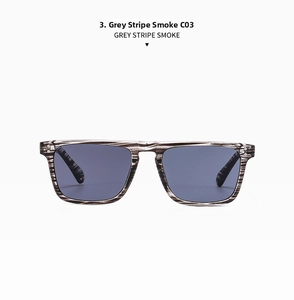 Detail view of grey stripe rectangular sunglasses frames with smoked grey lenses