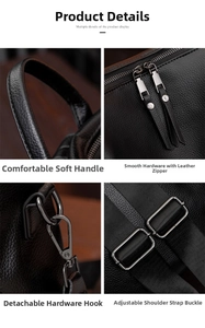 Detailed views of pebbled leather texture, sturdy metal zippers and adjustable straps