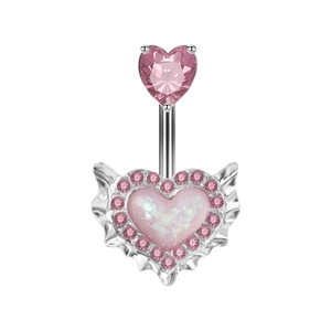 Close-up of pink heart opal belly button ring with zircon wings in polished silver
