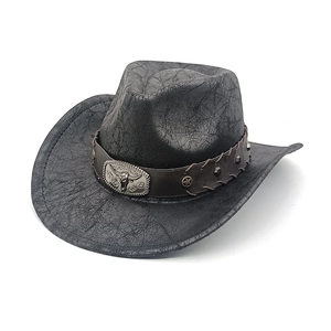 Black faux leather cowboy hat with cracked texture and bull head buckle on brown band
