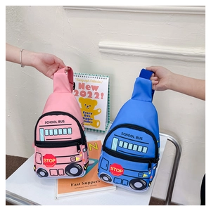 Detail of pink and blue school bus chest bags made of waterproof nylon for children