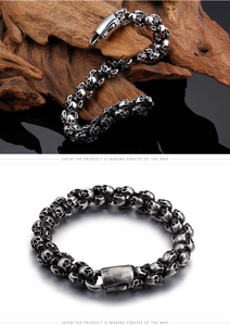 Detailed view of vintage punk skull bracelet in antique silver stainless steel