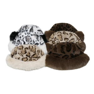 Flat lay of leopard print faux fur winter hats in white, brown, and coffee shades