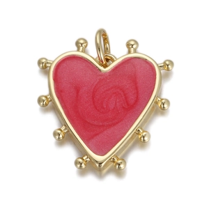 Gold-plated heart pendant with red enamel swirl texture and small gold beads detailing