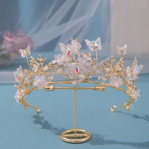 Baroque Bridal Crown Tiara Exquisite Alloy Rhinestone Crystal Artificial Pearl Butterfly Flower Headpiece For Wedding Party Birthday