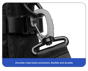 Detail of the durable matte black metal swivel hook and nylon webbing on the shoulder bag