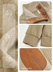 Detail view of khaki quilted collar and suede patchwork on men's knitted sweatshirt