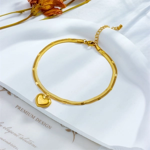 Golden double layer snake chain anklet with Love You engraved heart pendant