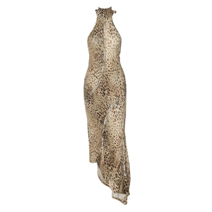 Detail of leopard print mini dress featuring halter neck backless design and high side slit