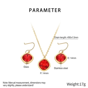 Detailed dimensions of 18k gold plated necklace and red zircon earrings set