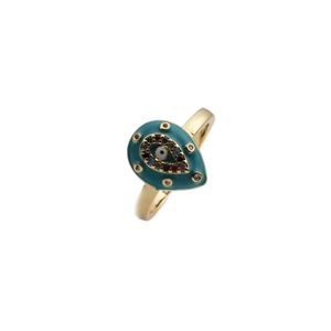Modischer goldener Evil Eye Ring mit türkisfarbenem Emaille-Tropfen und Zirkonia