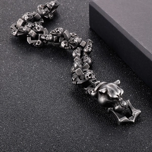 Vintage punk leopard head bracelet with skull links in antique silver stainless steel