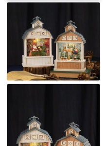 Détail d'une lanterne de Noël rétro avec Père Noël et lumière chaude sur socle en bois