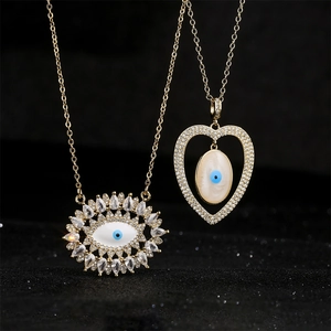 Evil Eye Pendant Necklace 18K Gold Plated Copper With Zircon Heart Sunburst Shape Blue Eye Jewelry For Women