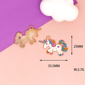 Detailed view of colorful unicorn charm with dimensions 33.5mm x 25mm and 2.7g weight