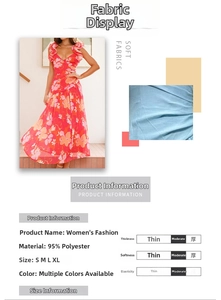 Détail de la robe à fleurs col V avec tableau des tailles et tissu 95% polyester