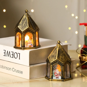 Vintage Christmas lanterns with Santa and snowman motifs for holiday home tabletop decor