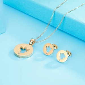 Detailed set of gold-plated angel pendant necklace and stud earrings with small diamonds