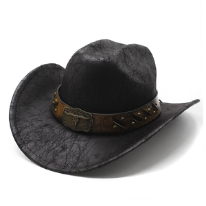 Retro black faux suede western cowboy hat with cracked texture and bull head buckle