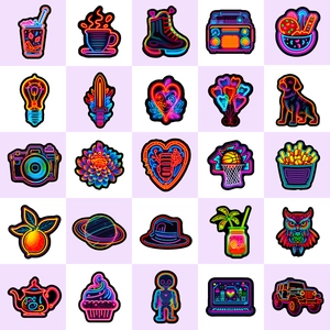 50pcs neon style aesthetic stickers featuring various creative icons and lifestyle elements