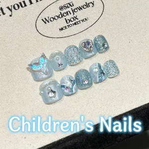 Handmade Children Press On Nails Cute Cartoon Mermaid Tail 3D Glitter Non-Toxic Fake Nails For Girls Kids Manicure Gift