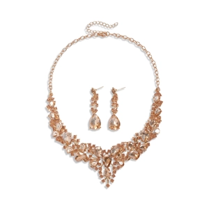 Elegant rose gold jewelry set with champagne teardrop crystals and sparkling rhinestones