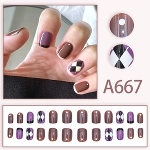 Short square press-on nails with purple and brown diamond plaid pattern 24pcs set