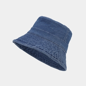 Classic dark blue washed denim bucket hat with reinforced stitched brim for women