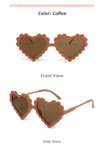 Detailed views of children's coffee heart sunglasses with stylish scalloped edges