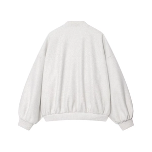 Back view of a light grey women's soft loose bomber jacket with ribbed cuffs and hem