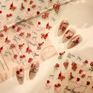 Red Rose Nail Stickers French Ins Style Black Bow Butterfly Vintage Romantic DIY Manicure Decals For Women
