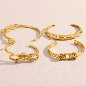 Elegant Stainless Steel Cuff Bangle For Women 18K Gold Plated Hollow Bow Star Moon Flower Minimalist Jewelry Accessory