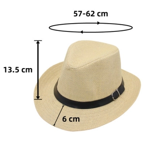 Detail of beige straw fedora hat with dimensions showing 57-62cm head size and 6cm brim
