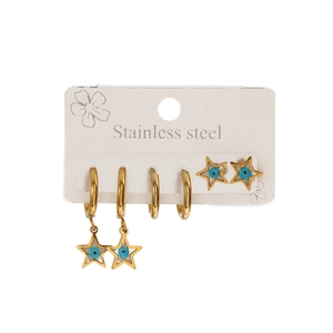 6-piece gold stainless steel earring set with blue evil eye stars and enamel charms