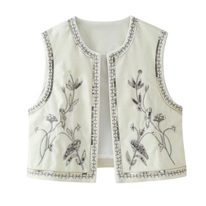 White ethnic velvet vest with floral sequin embroidery shown in a clean flat lay view